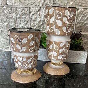Leaf Patterned Brown and White Candle Holders